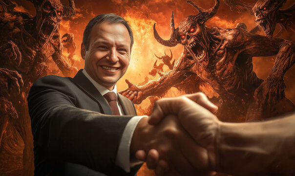 Smiling lawyer shaking hands with another person in front of demonic creatures and flames, symbolizing a deal with sinister or unethical motives