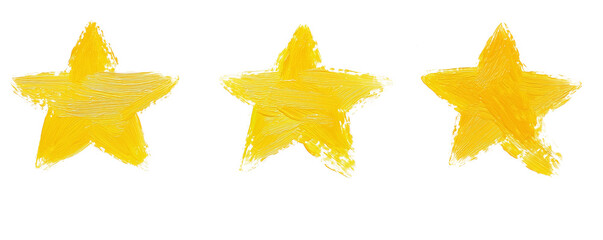 Three yellow stars painted with rough brushstrokes on a white background, symbolizing creativity, rating, and artistic expression