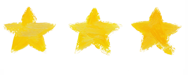 Three yellow stars painted with rough brushstrokes on a white background, symbolizing creativity, rating, and artistic expression