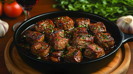 Fototapeta premium A delectable dish of seared steak bites, garnished with herbs, served in a cast-iron skillet, with garlic and fresh vegetables in the background.