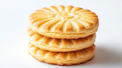 Stack of homemade cookies on a white background, highlighting their golden color and texture. Ideal for bakery or sweet treat promotions.