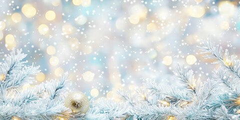 Soft ethereal winter background with frosted branches, golden ornaments, and bokeh lights, evoking a serene festive atmosphere with copy space