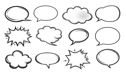 Variety of comic-style speech and thought bubbles in black outline, suitable for adding creative dialogue or expressive thoughts to comics and graphic designs