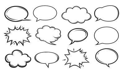 Fototapeta premium Collection of comic-style speech and thought bubbles with black outlines, perfect for adding dialogue or thoughts to comic illustrations or graphic designs