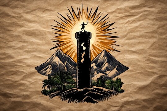 Old-fashioned illustration of a person escaping from a tower, with a classic, nostalgic art style reminiscent of adventure stories