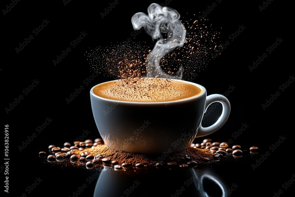 Poster outline of a cup with steam rising, evoking coffee cravings, using clean, simple lines to capture th