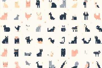 Obraz premium A charming seamless pattern of pixel art animals like cats, dogs, and birds, set in a repeating grid with soft pastel colors, perfect for stationery, kids' products, or home decor