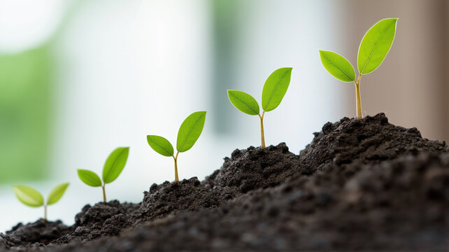 young green seedlings growing in a row, symbolizing growth, sustainability, and development on a natural soil background, with soft focus and ample copy space