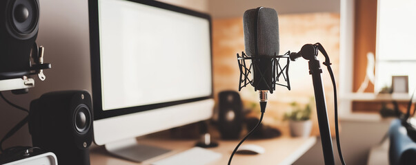 Professional podcast recording setup with a microphone, computer, and speakers in a home studio, focusing on audio production technology