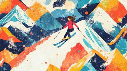 Skiing in the mountains is a fun winter activity for young women. A colorful pattern shows a woman skiing down a mountain.