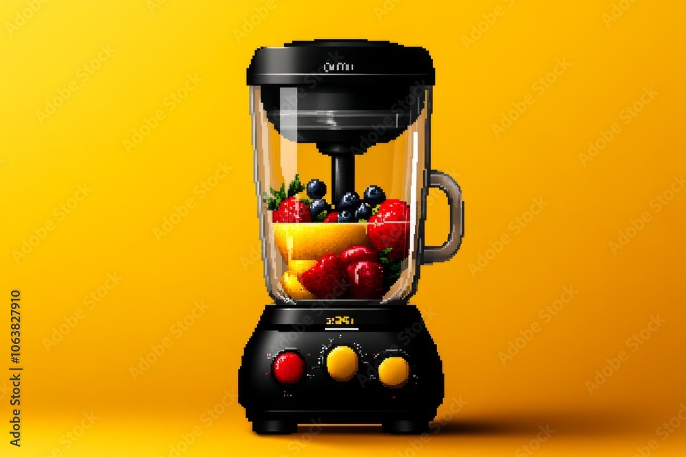 Poster Pixel art of a blender with fruits inside, blending in vibrant 8-bit style, capturing a retro feel and simplicity