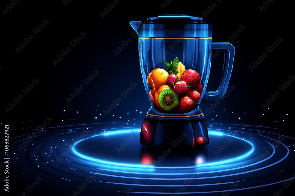 Aufkleber Pixel art of a blender with fruits inside, blending in vibrant 8-bit style, capturing a retro feel and simplicity