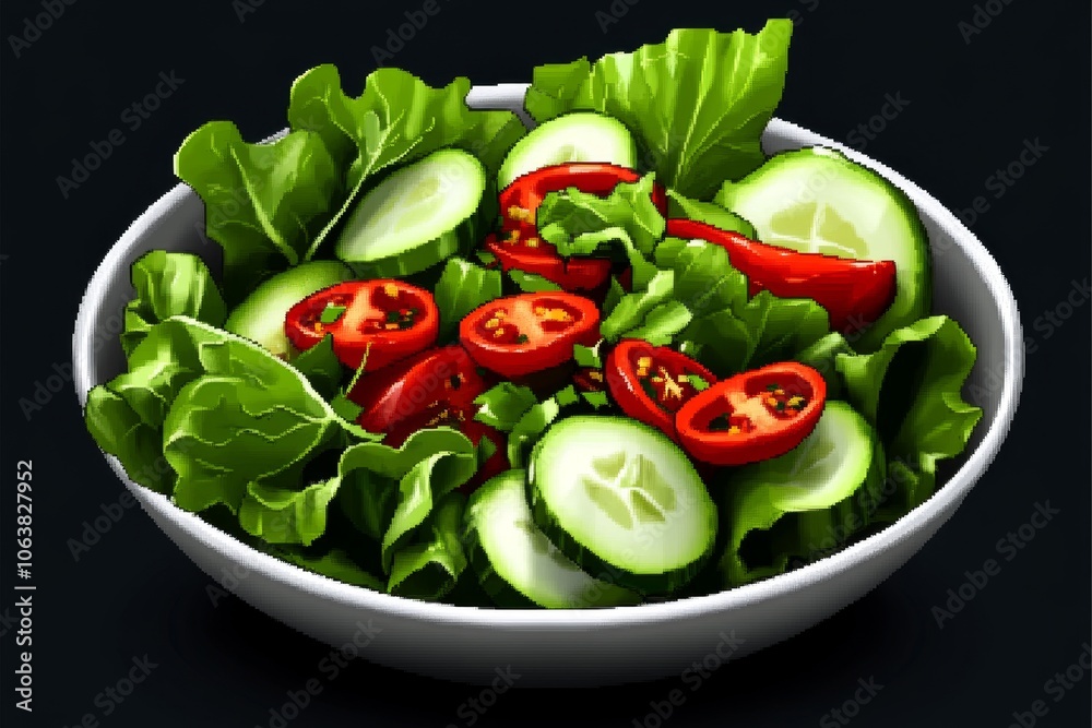 Poster pixel art of a bowl with marinated vegetables in simple 8-bit style, using bright, nostalgic colors 