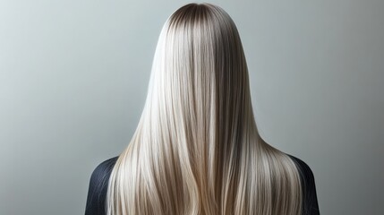 Naklejka premium A close-up view of a person with long, straight platinum blonde hair, facing away from the camera against a soft backdrop, Ideal for beauty, fashion, or hair care product marketing,