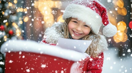 Child sending a letter to santa claus through a snowy red mailbox with christmas lights behind