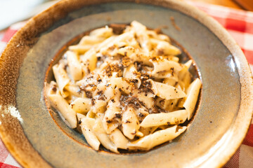Creamy pasta garnished with shaved truffles, served on a rustic plate. Highlights gourmet appeal, great for fine dining promotions, Italian restaurant menus, or food blogs.