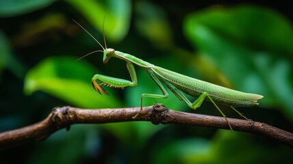 Naklejka premium Praying mantis still on a twig, faint leaves behind 