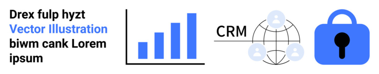 Vertical bar graph, CRM network with people icons, and a blue security lock icon. Ideal for business analytics, customer management, data protection, tech solutions, digital security, marketing