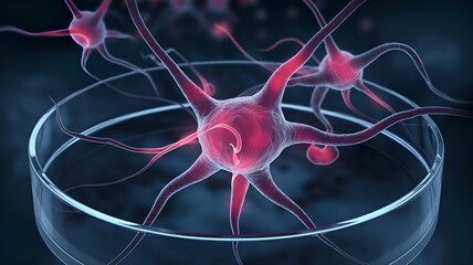 Close-up of a neuron in a human brain cell that glows purple and pink for medical purposes