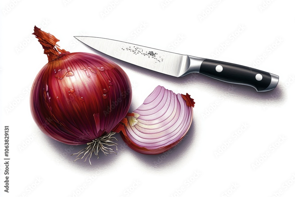 Poster Simple 2D drawing of a knife slicing through an onion, capturing the action in a straightforward, colorful style on a white background
