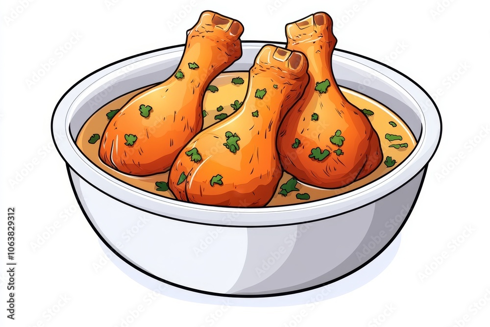 Poster simple drawing of chicken drumsticks in a marinade, with soft colors and gentle shading on a white b