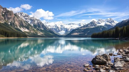 A breathtaking view of snow-capped mountains reflecting in a crystal-clear lake surrounded by lush green forests, outdoor, snow-capped
