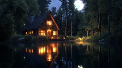 Fototapeta premium A cozy wooden cabin reflecting in the calm waters of a lake under a full moon