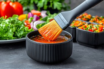 Simple outline of a brush dipping into sauce, capturing the essence of basting in a modern, minimal form