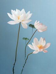 Obraz premium Three water lilies gracefully bloom in a serene blue water setting, symbolizing purity, growth, enlightenment, tranquility, and beauty.