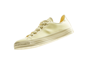 Yellow sneaker floating in mid-air on a white background, fully visible and centered. PNG transparent.