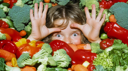 A child's face and hands peeking out from a bed of fresh vegetables, including broccoli, peppers, and tomatoes, representing health, nutrition, and playfulness.

