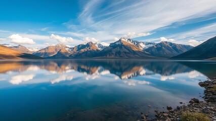 A breathtaking panoramic view of a serene mountain range reflected in a crystal clear lake, Peaceful, Majestic