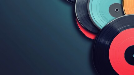 Vintage vinyl records background with retro aesthetic, close-up of classic music records with vibrant colored labels. High-resolution AI-generated image capturing nostalgic vibes and timeless appeal o