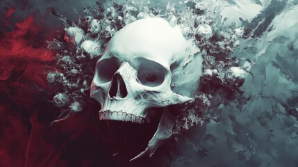 A single skull, engulfed in a storm of smaller skulls, evokes themes of mortality, chaos, and the cyclical nature of life and death.