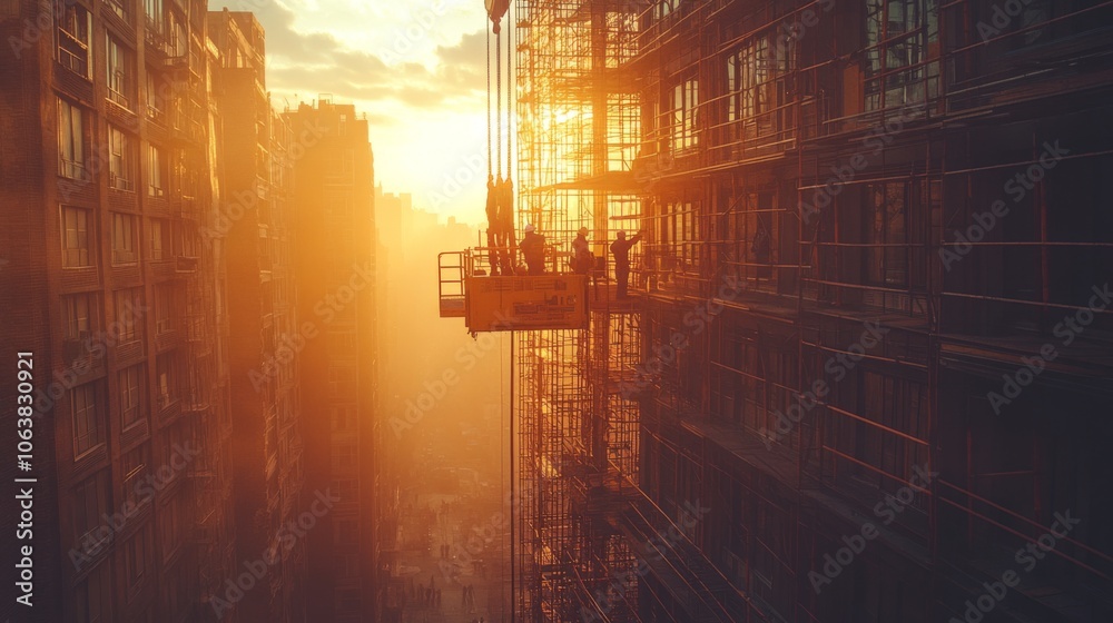 Poster a group of construction workers on a crane is working at sunset, surrounded by scaffolding in an urb