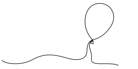 Balloons Continuous Line Illustration, A simple minimalistic continuous unbroken line drawing of a balloon, perfect as a logo or design element for party supplies, celebrations, or playful designs.