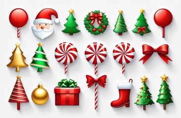 A set of funny Santa Claus stickers and Christmas lollipops separately. Badges, stickers. A collection of the cutest and most colorful stickers adorns albums, notebooks, diaries, drawings, postcards.