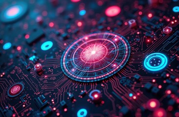 Abstract digital circuit board design with vibrant blue and red lights representing technology advancements and data flow