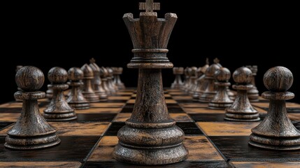 A wooden chess queen stands tall and proud in the center of a chessboard, with other pieces behind her.