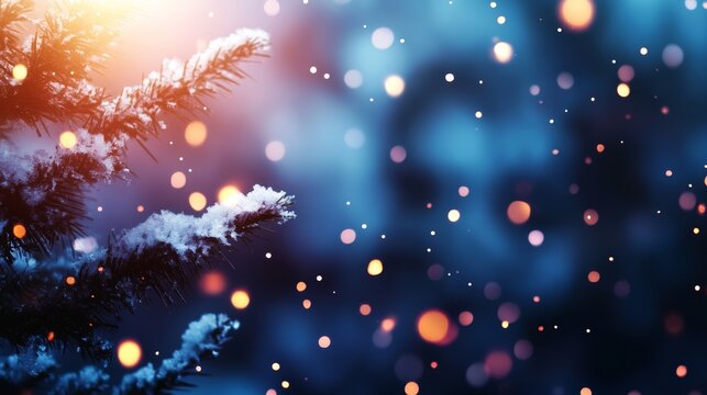 A captivating winter scene with a snowy pine branch silhouetted against a shimmering blue background, adorned with sparkling lights and falling snowflakes. The image evokes a sense of warmth, wonder, 