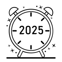 Crisp black and white icon of an alarm clock showing 2025, symbolizing the countdown to New Year. Perfect for marketing New Year events, celebrations, and future-focused content.