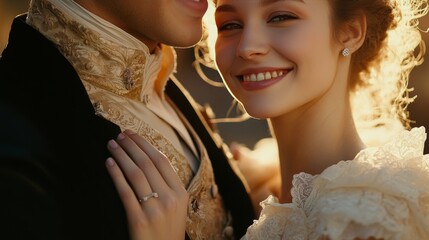 Joyful bride and groom showcasing engagement ring at sunset in elegant wedding attire
