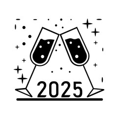 Elegant icon featuring two champagne glasses clinking, surrounded by fireworks and the number "2025". Perfect for celebrating the new year in style.