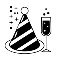 Black and white icon featuring a party hat, a bubbly drink, and decorative elements like stars and dots. Perfect for celebrating New Year 2025 in style.