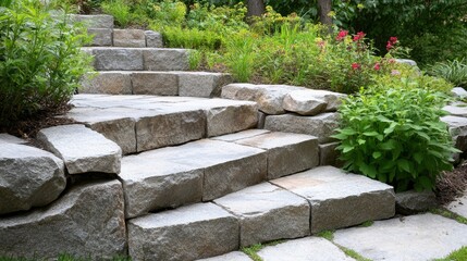 Stone steps and a retaining wall create a beautiful and functional landscape design, adding elegance and accessibility to your outdoor space.