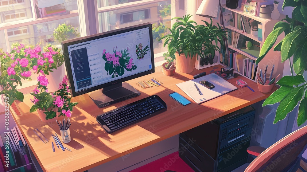 Poster a neatly organized desk setup with simple stationery and potted plants.