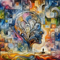 Obraz premium Artistic representation of a human silhouette blending with a tree in vibrant colors, illustrating growth and creativity at sunset