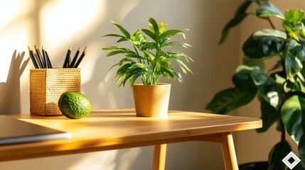 Fototapeta premium A modern and minimalist home office design featuring a wooden desk, a potted plant, and a woven pencil holder. The natural elements bring a touch of tranquility to the workspace.