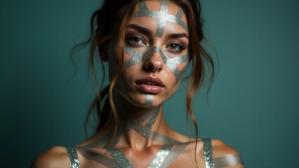 Creative body tape art on woman, featuring intersecting lines that form a unique, minimalist pattern on her skin