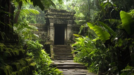 Mystical Hidden Temple Surrounded by Lush Greenery and Winding Path in a Tropical Paradise - Ultra-Detailed Exploration Shot